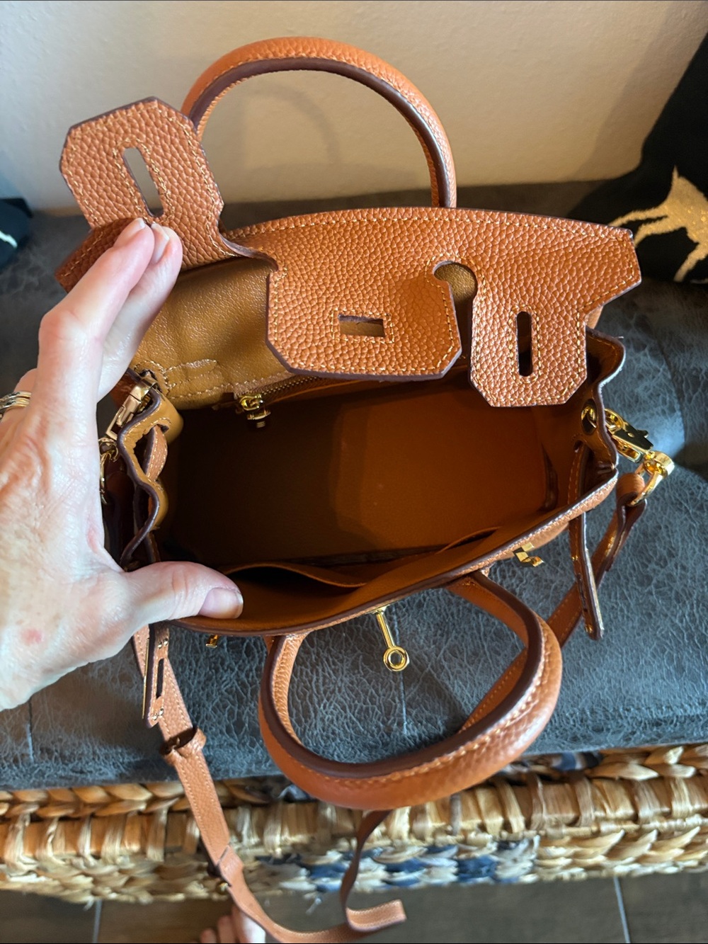 **Women's Tan Pebbled Leather Satchel with Top Handles and Crossbody Strap - Picture 2 of 12
